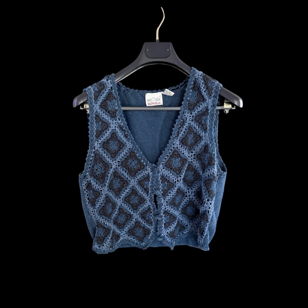 Y2K Denim Republic Blue Crochet Diamond Knit Sweater Vest Baby Doll Large